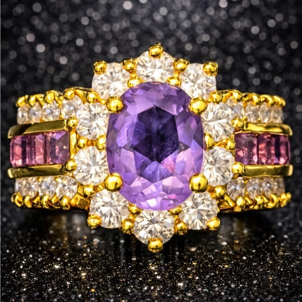 Suzanne Somers vintage amethyst oval round princess cut CZ cocktail ring gold